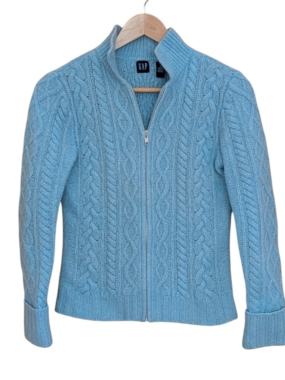 GAP Sky Blue Cable-Knit Zip Cardigan Wool Women's Small Outdoor Cabincore